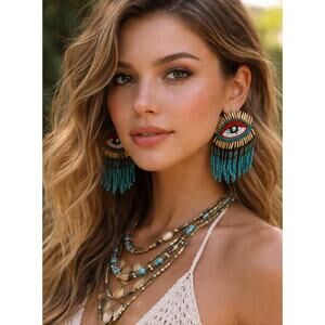 Kay Lee Evil Eye Blue Red Gold Beaded Earrings New